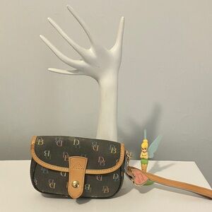 Dooney & Bourke Black Multi Logo Mini Wristlet with Tan Trim